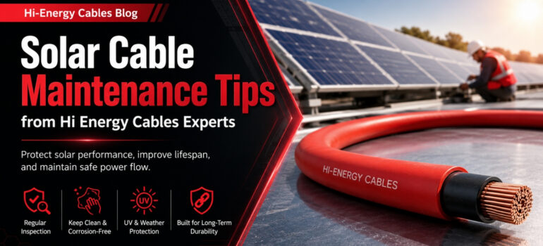 A red Hi-Energy solar cable featured in the foreground, with a technician working on solar panels in the background, illustrating expert tips for solar cable maintenance to ensure performance and durability.