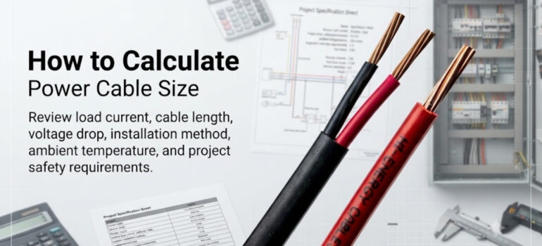 How to Calculate Power Cable Size guide featuring electrical wires, calculators, and project specification sheets.