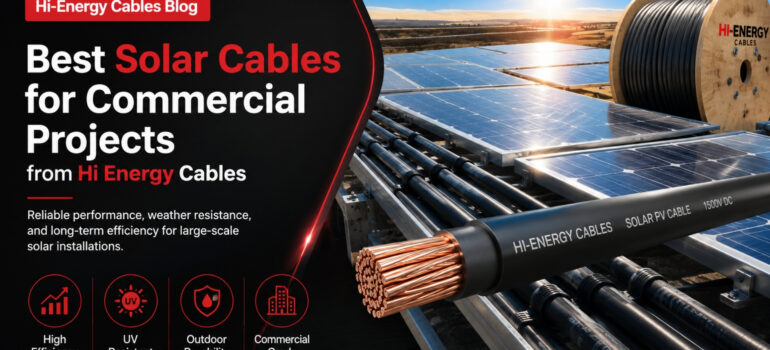 A high-efficiency Hi-Energy solar PV cable showcased in the foreground, with commercial solar panels and a cable reel in the background, highlighting weather resistance and long-term durability for large-scale installations.