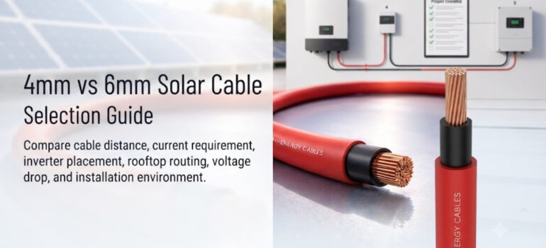 4mm vs 6mm Solar Cable Selection Guide comparing cable distance, current requirement, inverter placement, rooftop routing, voltage drop, and installation environment.