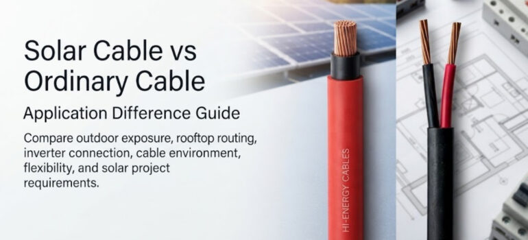 Solar Cable vs Ordinary Cable Application Difference Guide comparing outdoor exposure, rooftop routing, inverter connection, and project requirements.