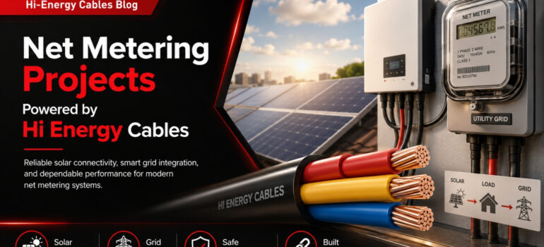 A multi-core Hi-Energy electrical cable shown alongside a net meter and solar energy system components, illustrating reliable connectivity for net metering projects.