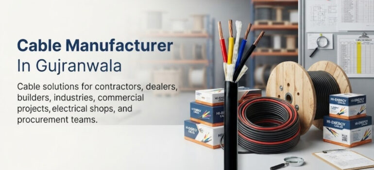 Cable Manufacturer In Gujranwala providing solutions for contractors, builders, and industries with various wire reels and packaging visible.