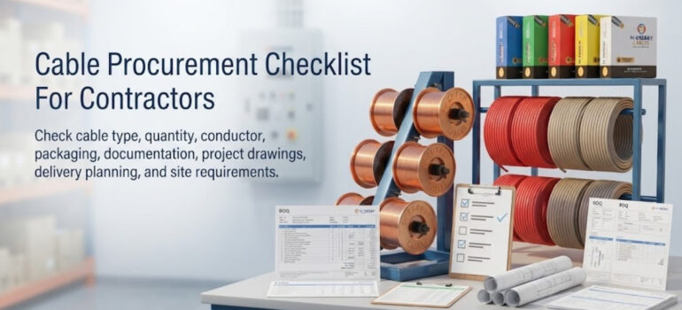 Cable Procurement Checklist For Contractors featuring various cable reels, documentation, and project drawings on a desk.