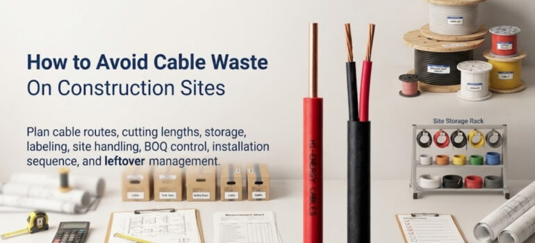 How to Avoid Cable Waste On Construction Sites, showcasing cable reels, labeling, and site storage racks to manage materials efficiently.