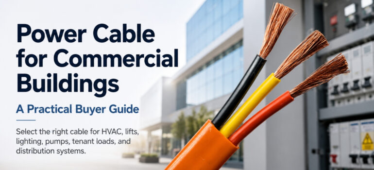 A close-up of a three-core copper power cable with a commercial building and electrical distribution panel in the background, illustrating a practical buyer guide for commercial applications.
