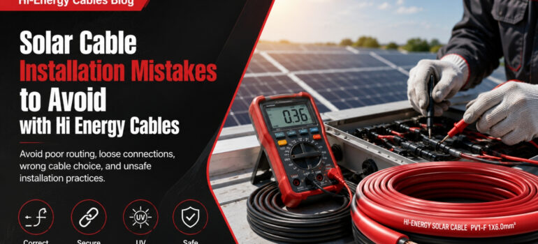 A technician using a digital multimeter to test Hi-Energy solar cables on a rooftop installation, highlighting the importance of avoiding installation mistakes like poor routing and loose connections.