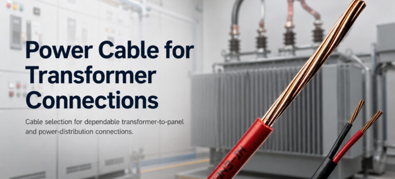 A close-up of high-quality copper power cables with an industrial transformer and electrical panels in the background, representing specialized cable solutions for secure transformer connections.