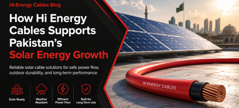 A red Hi-Energy solar cable coiled on a rooftop next to solar panels, with a cityscape and the Pakistani flag in the background, showcasing support for Pakistan's solar energy growth.