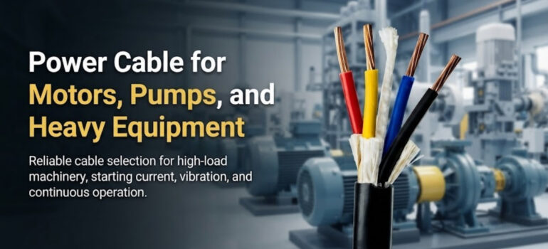 A close-up of a multi-core power cable in front of industrial motors and pumps, highlighting reliable cable selection for high-load machinery, starting current, vibration, and continuous operation.