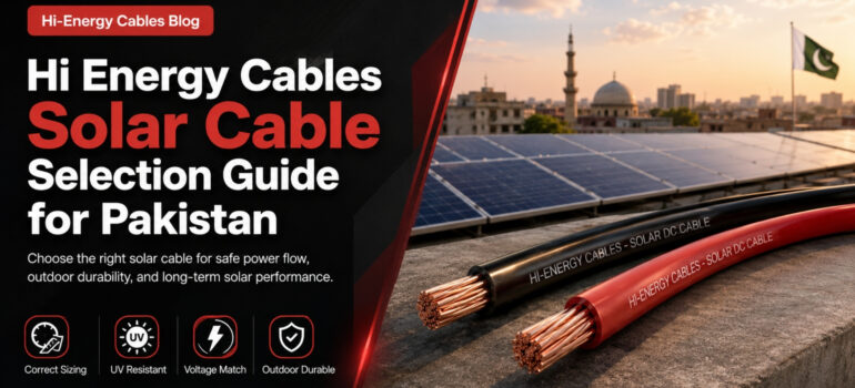 A selection guide graphic from Hi-Energy Cables featuring solar DC cables on a rooftop with a Pakistani city skyline in the background, highlighting key selection criteria like correct sizing, UV resistance, voltage match, and outdoor durability.