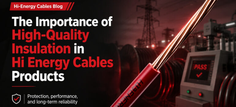 A red insulated Hi-Energy cable held up against an industrial background with a quality assurance testing monitor displaying "PASS," highlighting the importance of high-quality insulation.