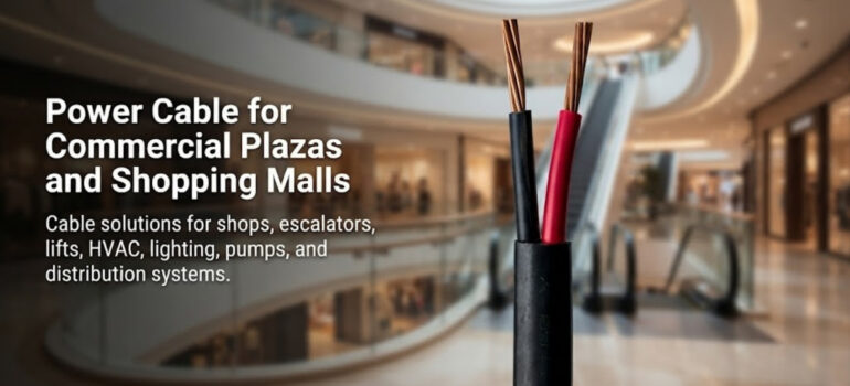 A close-up of a two-core power cable set against the blurred interior of a commercial shopping mall, highlighting cable solutions for shops, escalators, lifts, HVAC, lighting, pumps, and distribution systems.