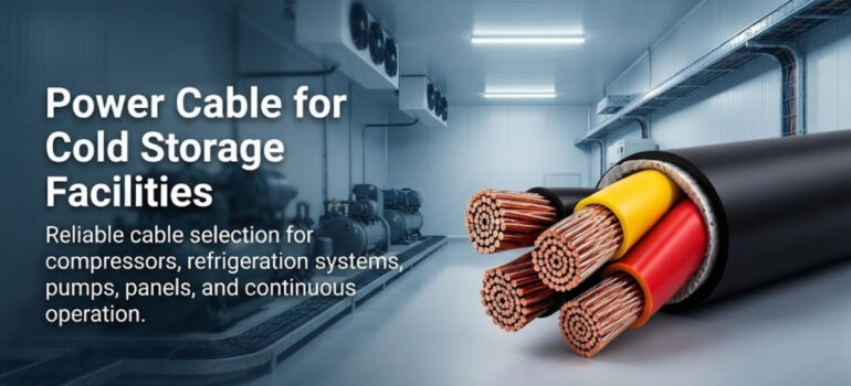 A close-up of a heavy-duty multi-core power cable positioned in front of a cold storage facility’s refrigeration units, highlighting reliable cable selection for compressors, pumps, and continuous industrial operation.