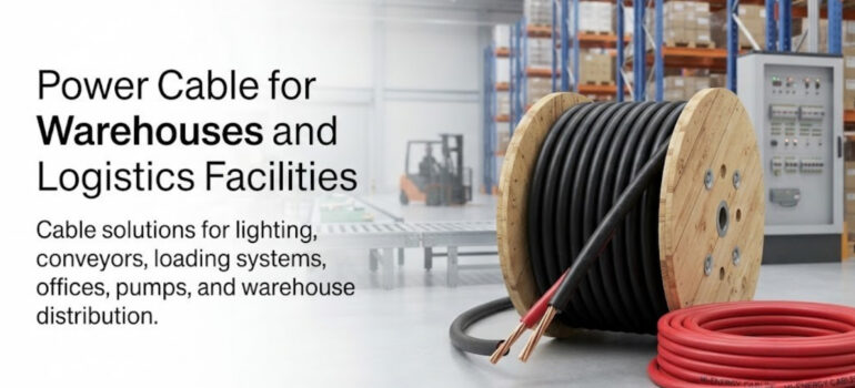 A large wooden spool of black power cable and a coil of red cable in a warehouse setting, illustrating cable solutions for lighting, conveyors, loading systems, offices, pumps, and warehouse distribution.