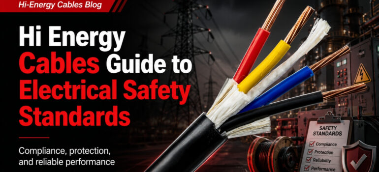 A multi-core electrical cable with red, yellow, blue, and black wires emerging from a black outer jacket, displayed next to a checklist confirming electrical safety standards for Hi-Energy Cables.