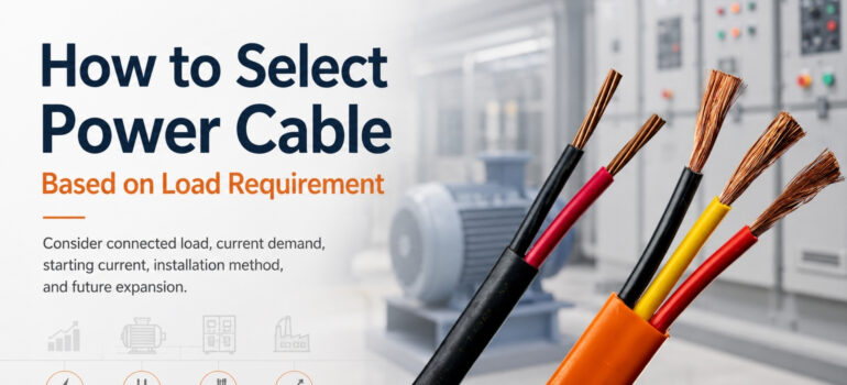 A close-up of multi-core power cables with industrial machinery in the background, illustrating the key factors for selecting power cables based on load requirements.