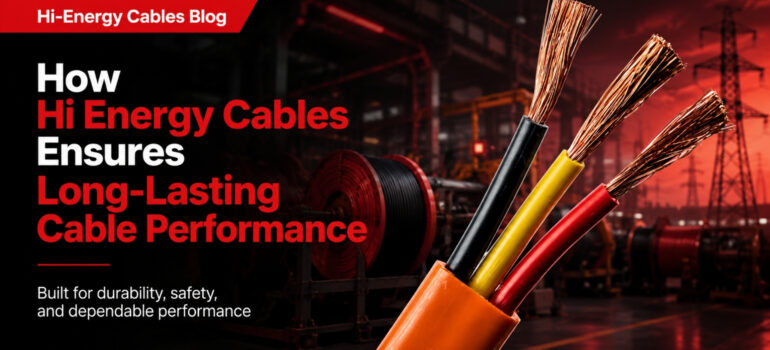 Three insulated copper cables in black, yellow, and red with an orange outer casing, showcased in an industrial environment to represent the durability and long-lasting performance of Hi-Energy Cables products.