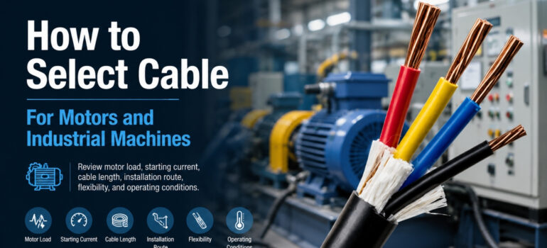 A close-up of a multi-core power cable with an industrial motor and control panel in the background, illustrating the key factors for selecting cables for motors and industrial machinery.