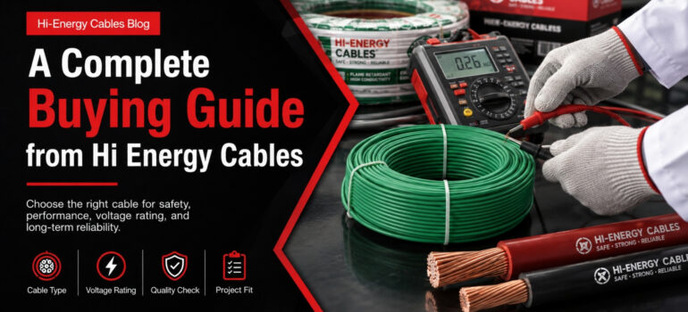 A technician testing a green coil of Hi-Energy Cables with a multimeter, with product packaging in the background and the text "A Complete Buying Guide from Hi Energy Cables."