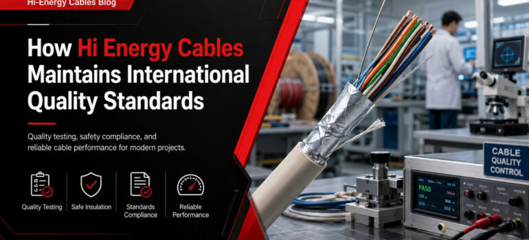 A close-up view of a multi-core cable undergoing rigorous testing on specialized equipment, with the text overlay "How Hi Energy Cables Maintains International Quality Standards."