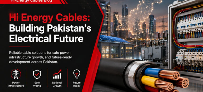 A cross-section of a heavy-duty electrical cable in the foreground, with an industrial electrical panel and a glowing map of Pakistan in the background, featuring the text "Hi Energy Cables: Building Pakistan's Electrical Future."