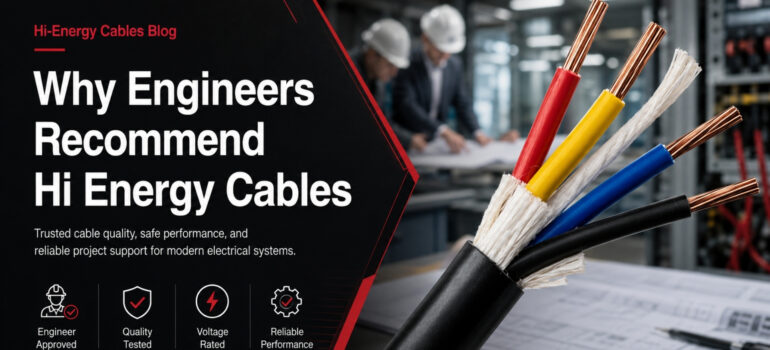 A close-up of a multi-core electrical cable held against a background of engineers reviewing blueprints, featuring the text "Why Engineers Recommend Hi Energy Cables."