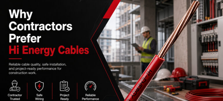 A close-up of a red Hi-Energy Cable held at a construction site with a contractor in the background, featuring the text "Why Contractors Prefer Hi Energy Cables."
