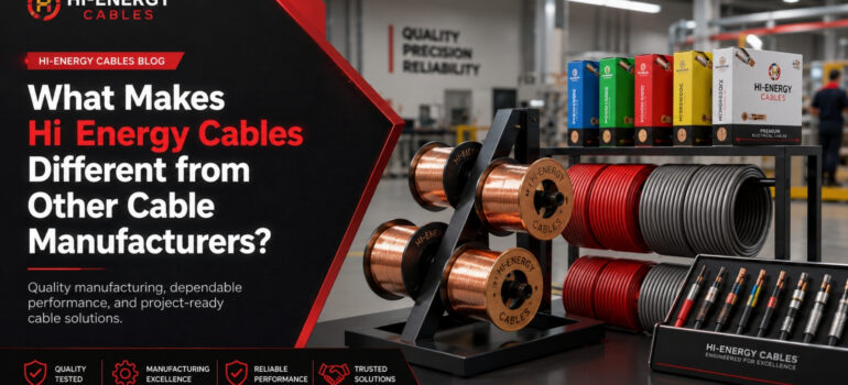 A display of various copper cable spools and packaged products in a manufacturing facility, featuring the text "What Makes Hi Energy Cables Different from Other Cable Manufacturers?"