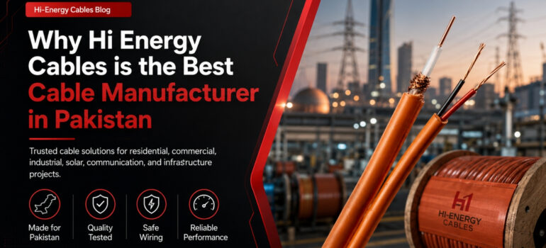 A spool of Hi-Energy Cables in the foreground with an industrial cityscape in the background, featuring the text "Why Hi Energy Cables is the Best Cable Manufacturer in Pakistan."