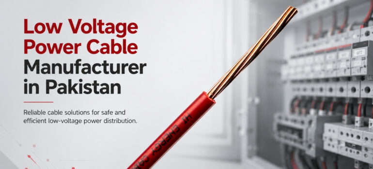 A close-up of a red low-voltage power cable with exposed copper strands, highlighting a manufacturer in Pakistan that provides reliable solutions for safe and efficient power distribution.