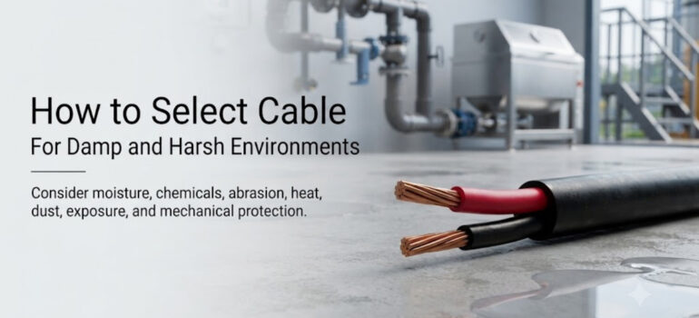 A close-up of a power cable lying on a damp industrial floor with machinery in the background, highlighting the need for cables that resist moisture, chemicals, abrasion, and heat.