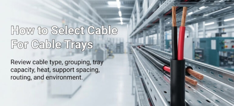 A close-up of a multi-core power cable positioned within a metal cable tray system in a factory, highlighting essential factors for selection including cable type, grouping, and tray capacity.