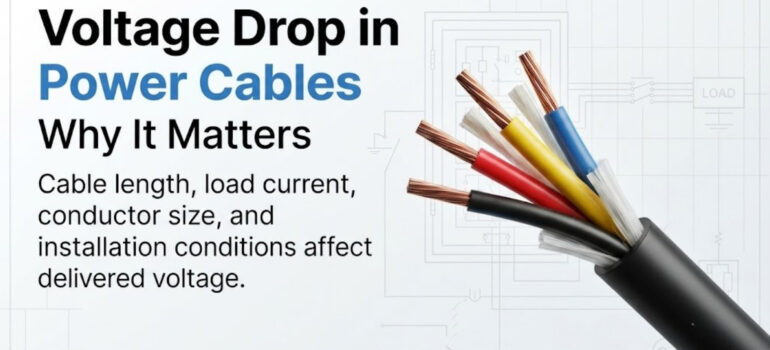 A close-up of a multi-core power cable set against a technical schematic, highlighting how factors like cable length, load current, and conductor size influence voltage drop.