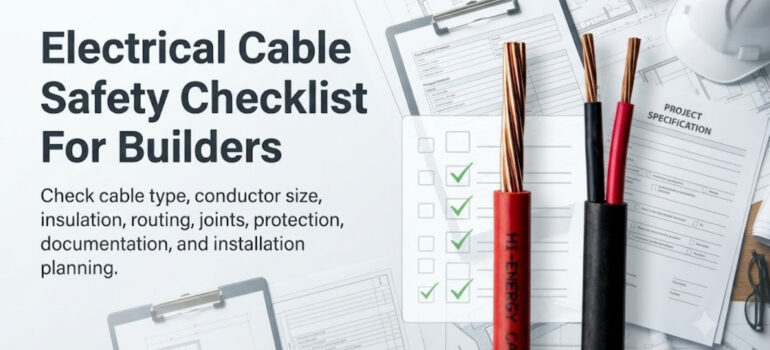 An electrical cable safety checklist for builders featuring project specification documents, a hard hat, and power cable samples, highlighting essential safety verification steps.