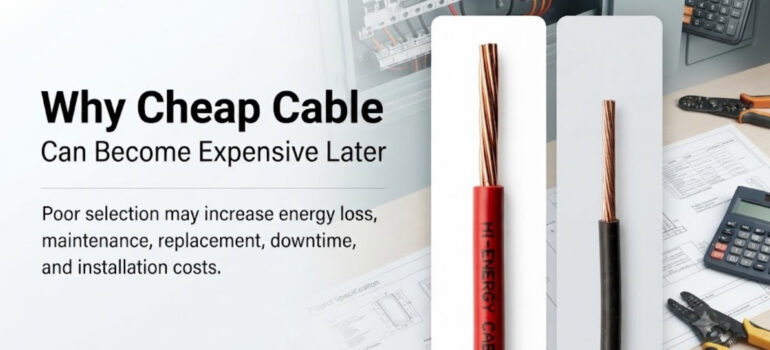 A comparative view of two different electrical cables alongside a calculator, project plans, and tools, illustrating how choosing low-quality cable leads to higher long-term costs.