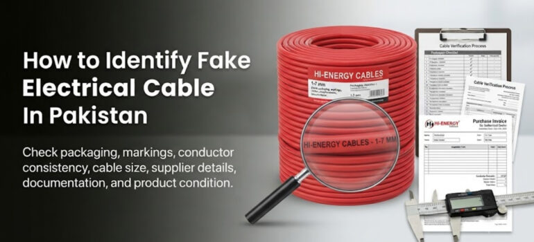 A red coil of Hi-Energy electrical cable being inspected with a magnifying glass, alongside a cable verification checklist, purchase invoice, and digital calipers, highlighting the process of identifying counterfeit cables in Pakistan.