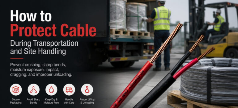 A warehouse scene showing industrial cable reels being loaded onto a truck by workers, highlighting best practices for protecting cables during transportation and handling.