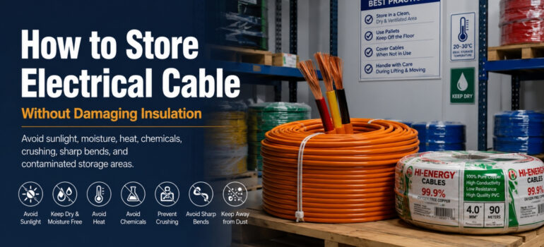 A warehouse storage area featuring electrical cable coils on pallets with a "Best Practices" sign, illustrating proper storage methods to prevent insulation damage.