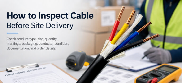 A technician conducting an inspection on electrical cables before delivery, using a checklist and testing tools to verify the product quality.