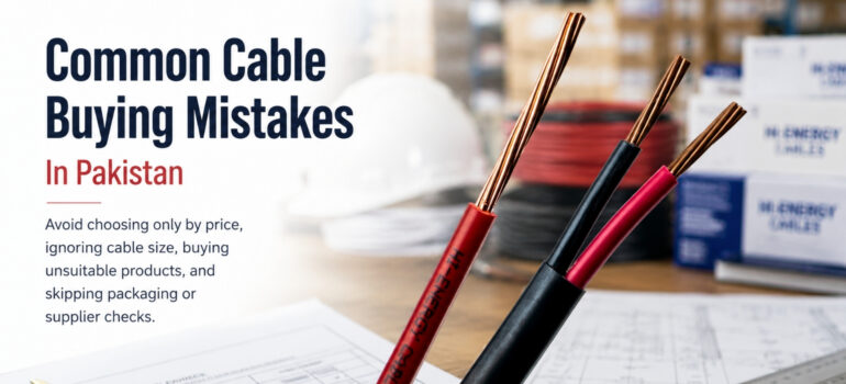 A close-up of Hi-Energy electrical cables on a desk with blueprints and a hard hat in the background, highlighting common mistakes made when purchasing electrical cabling in Pakistan.