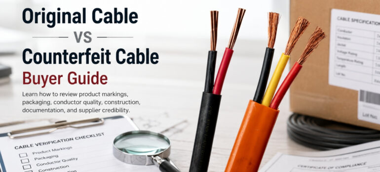 A side-by-side comparison of original and counterfeit electrical cables on a desk, featuring a cable verification checklist, magnifying glass, and technical documentation to assist in identifying genuine products.