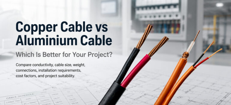 A comparative close-up of copper and aluminium electrical cables laid over project blueprints, highlighting the choice between the two materials.