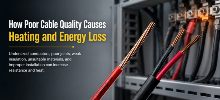 Samples of Hi-Energy cables held in front of an electrical control panel to illustrate how poor cable quality leads to overheating and energy loss in industrial systems.